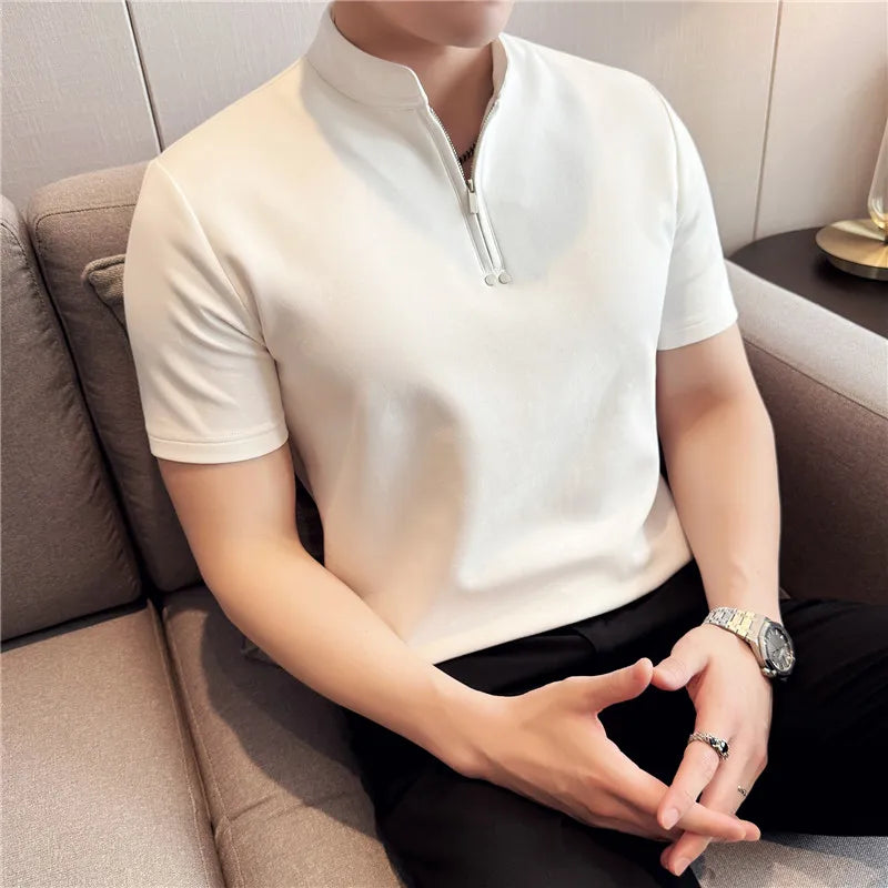 Summer Short Sleeved Polo Shirt Solid Casual Slim fit T-shirt Stand Up Collar Cotton Tee Streetwear Trendy Fashion Men Clothing