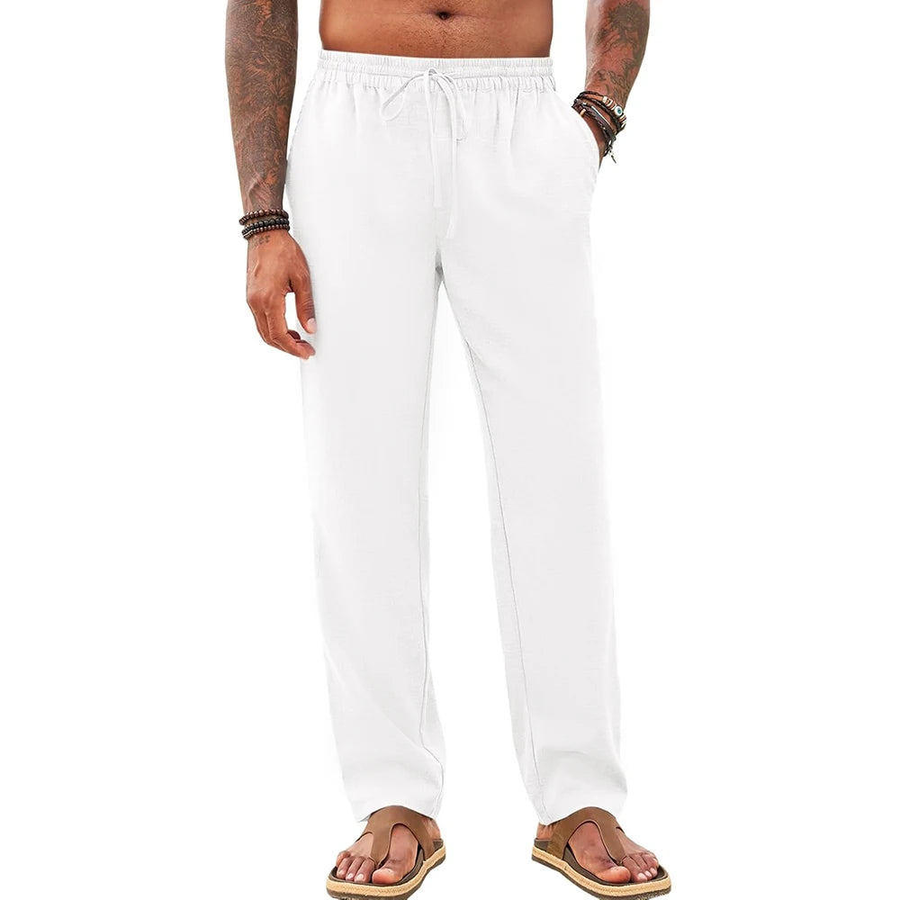 Spring Summer Men's Cotton Linen Pants Casual Basic Beach Style Vacation Hawaii Straight Leg Trouser Breathable Pants