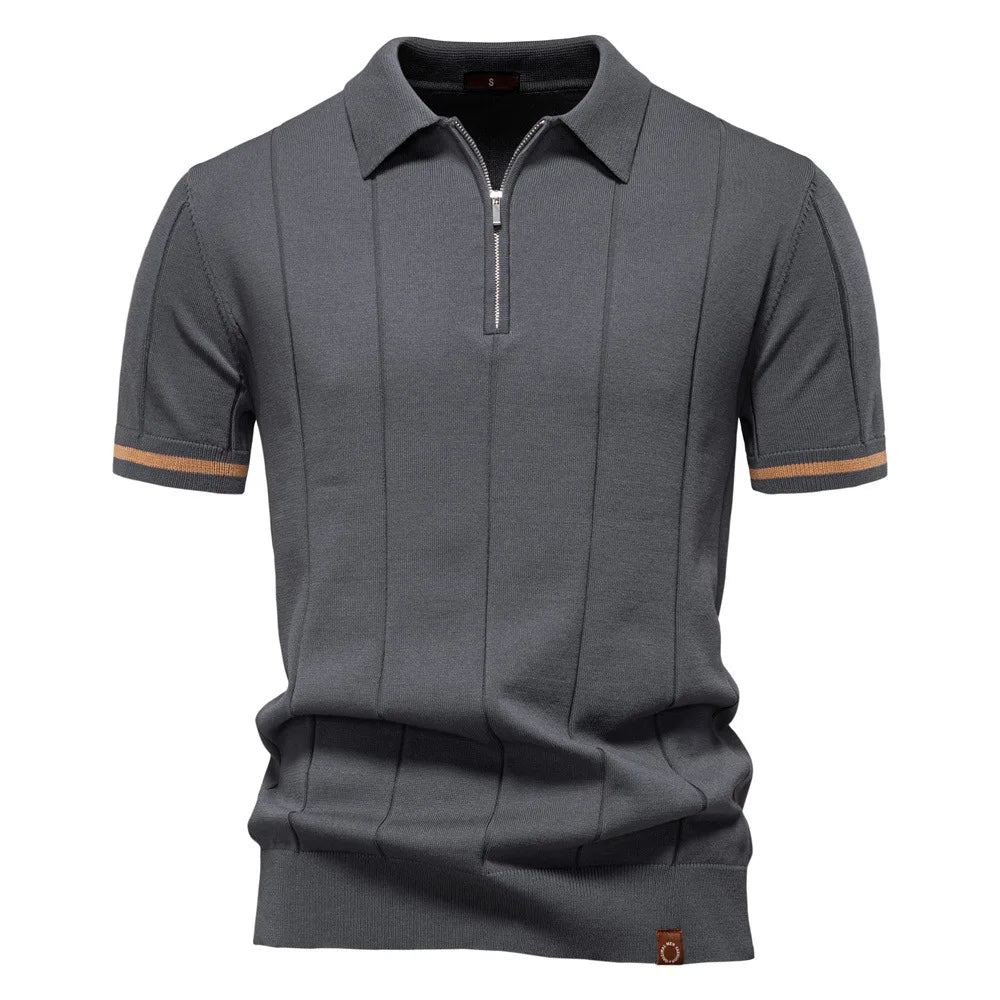 New men's business casual short-sleeved fashion trend knitted POLO shirt with lapel and half-zip pullover design.