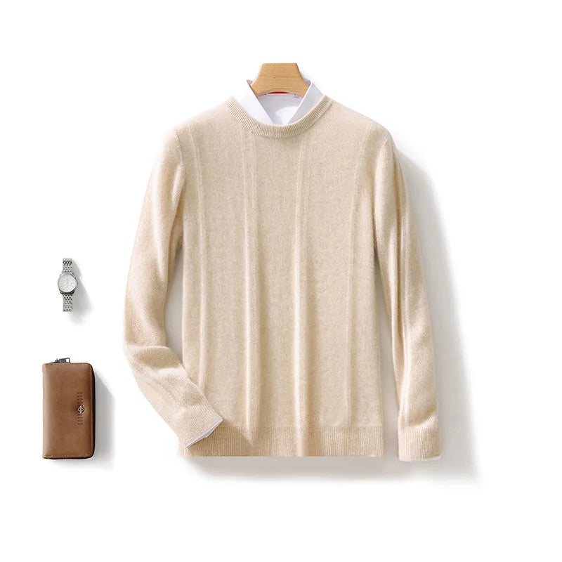 Autumn Winter 100% Merino Wool O-Neck Vertical Stripes Sweater Pullover Cashmere