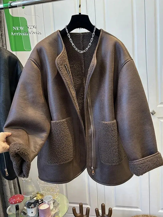 Women's Jacket Winter Warm Thicken Retro Coat Fashion Casual Loose Vintage Women Coats Round Neck Outerwears