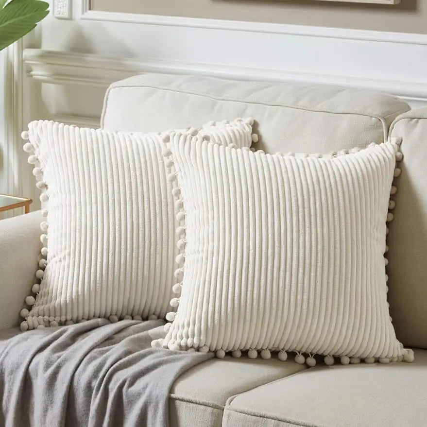 Corduroy Striped Cushion Cover with Pom Pom Solid Boho Throw Pillow Case Decorative Pillows for Sofa Bed Beige Lumbar Cushion