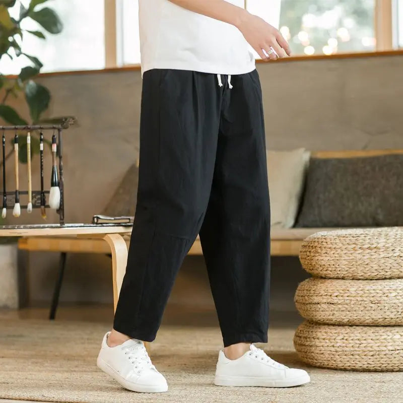Casual Men's Spring Loose Thin Breathable Cotton Linen Straight Leg