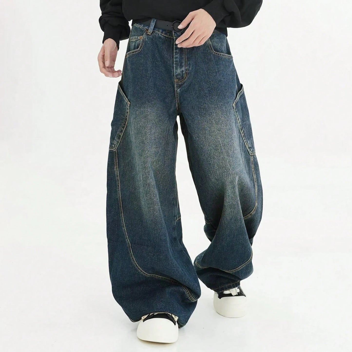 Men's Wear American Washed Denim Pants Vintage Threedimensional Large Pockets Cut Curved Knife Jeans Loose Fit Summer New Trend