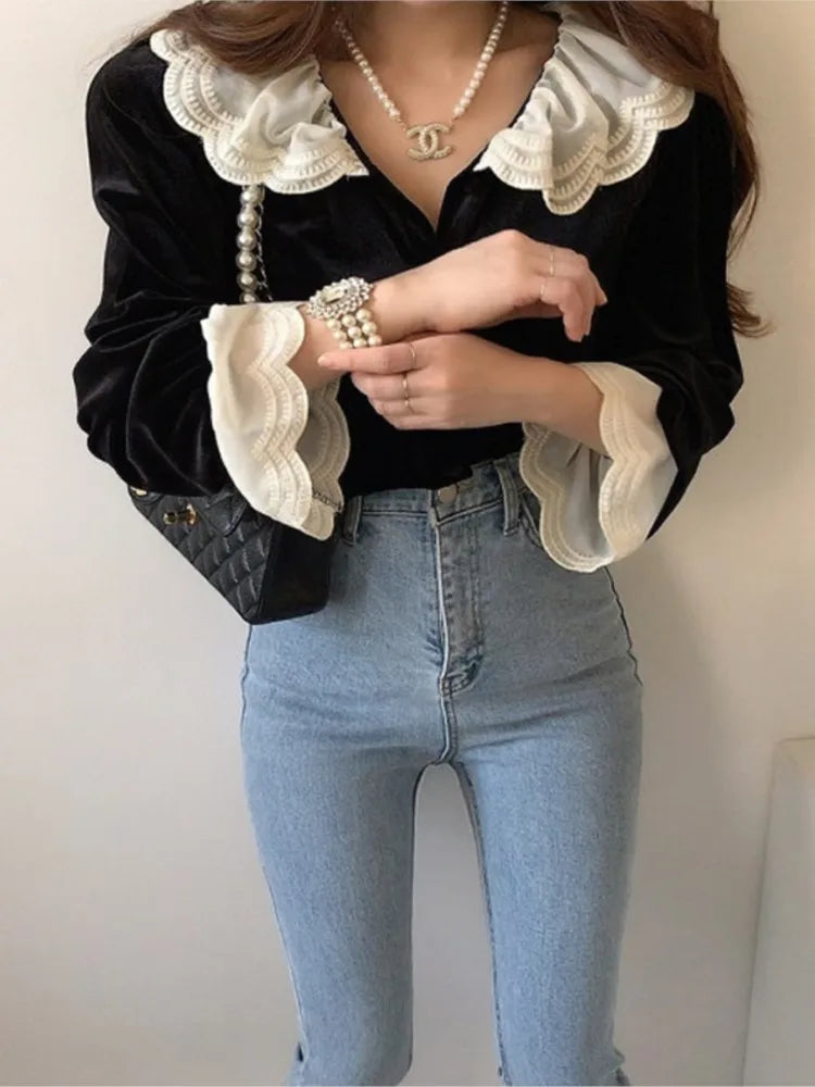 Autumn Velvet Shirts Tops Women Lace Patchwork Fashion Ruffle Long Sleeve Ladies Blouses Vintage Woman Shirt