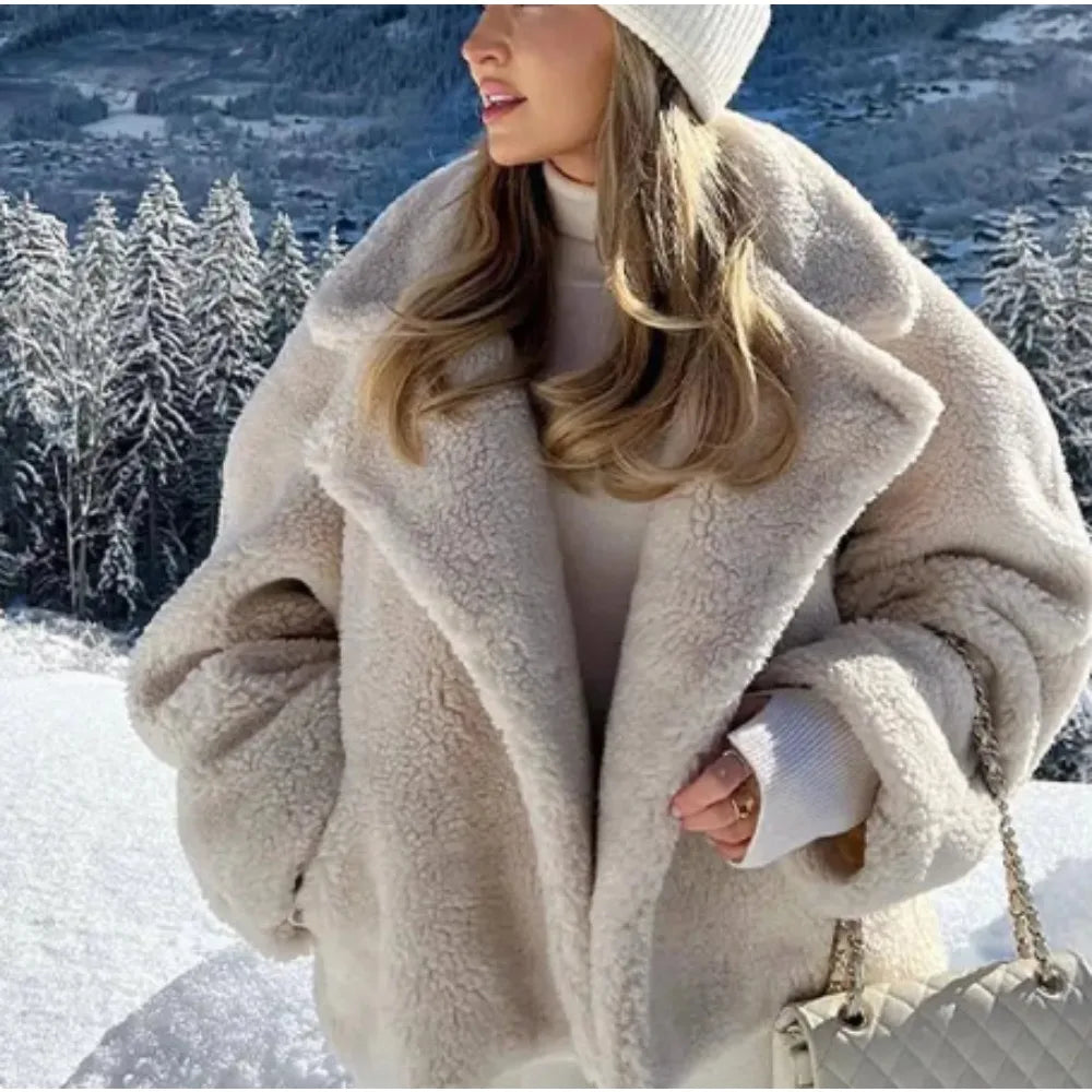 Warm Lambswool Furry Coat Women Turndown Collar Long Sleeve Loose Pockets Female Jacket 2024 Autumn Winter Fashion Lady Overcoat