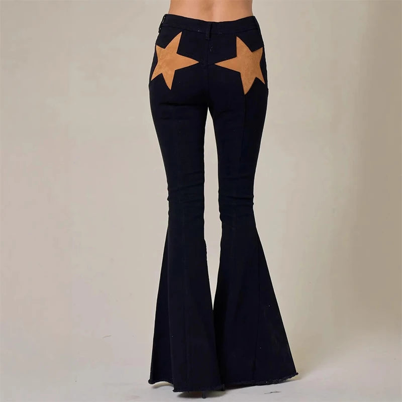 High Street Rivet Y2k Woman Long Jeans Denim Star Patchwork Low Waist Straight Pants 2025 New Fashion Casual Women's Trousers