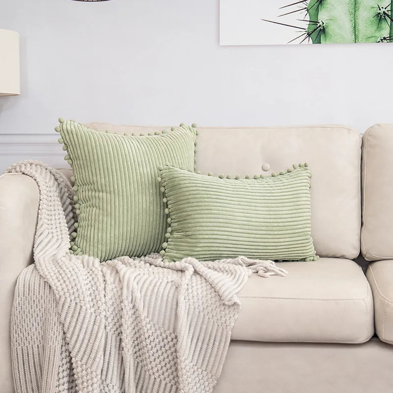 Corduroy Striped Cushion Cover with Pom Pom Solid Boho Throw Pillow Case Decorative Pillows for Sofa Bed Beige Lumbar Cushion