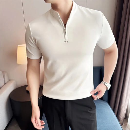 Summer Short Sleeved Polo Shirt Solid Casual Slim fit T-shirt Stand Up Collar Cotton Tee Streetwear Trendy Fashion Men Clothing