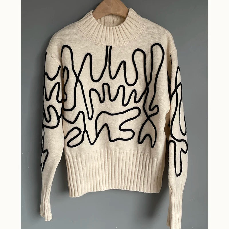 Women Wool-blend Casual Pullover Sweater Abstract 3D Embroidery Ribbed Hem Long Sleeves Jumper Trendy Knitwear 2025 Fall/Winter