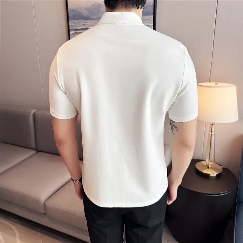Summer Short Sleeved Polo Shirt Solid Casual Slim fit T-shirt Stand Up Collar Cotton Tee Streetwear Trendy Fashion Men Clothing