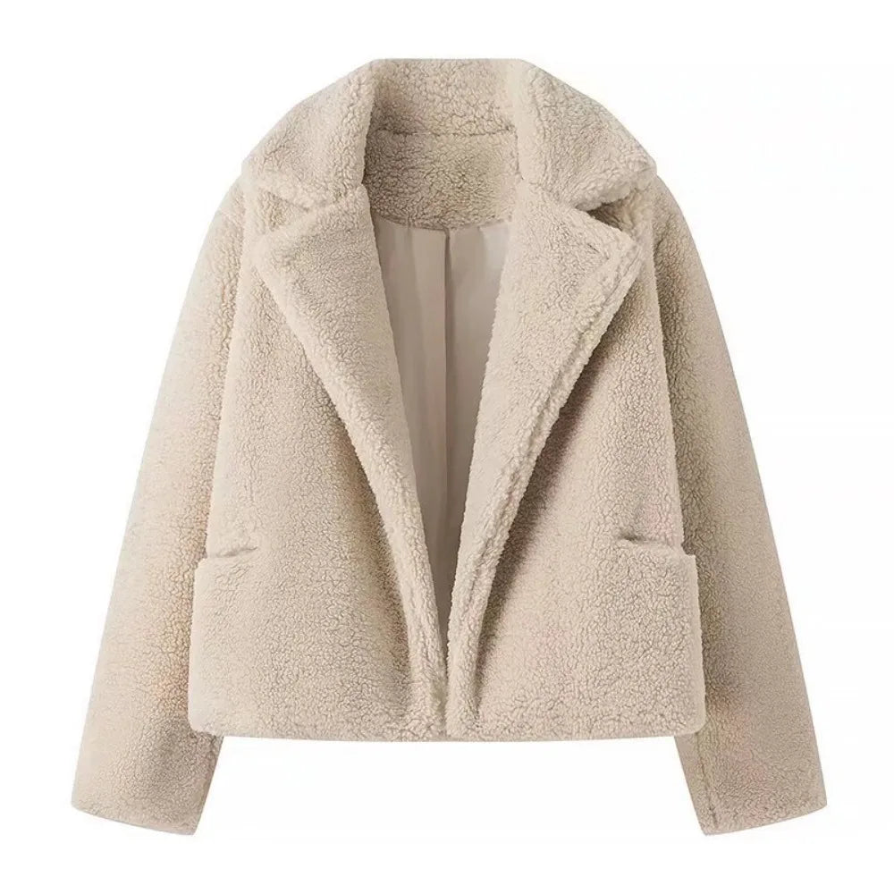 Warm Lambswool Furry Coat Women Turndown Collar Long Sleeve Loose Pockets Female Jacket 2024 Autumn Winter Fashion Lady Overcoat