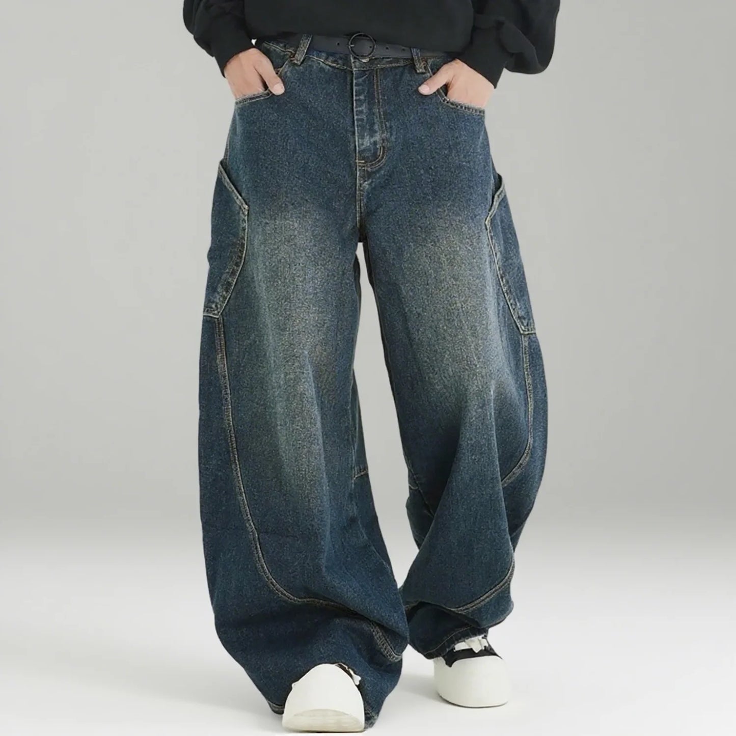 Men's Wear American Washed Denim Pants Vintage Threedimensional Large Pockets Cut Curved Knife Jeans Loose Fit Summer New Trend