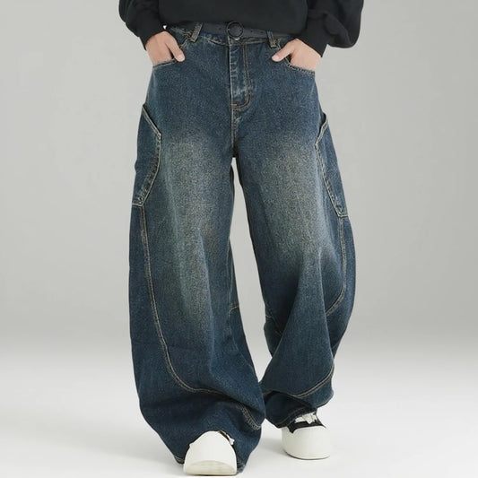 Men's Wear American Washed Denim Pants Vintage Threedimensional Large Pockets Cut Curved Knife Jeans Loose Fit Summer New Trend