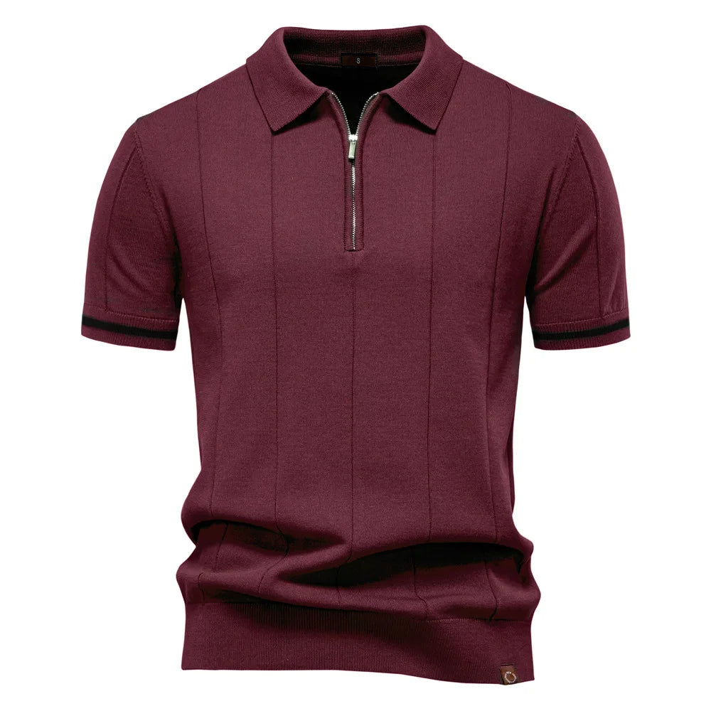 New men's business casual short-sleeved fashion trend knitted POLO shirt with lapel and half-zip pullover design.