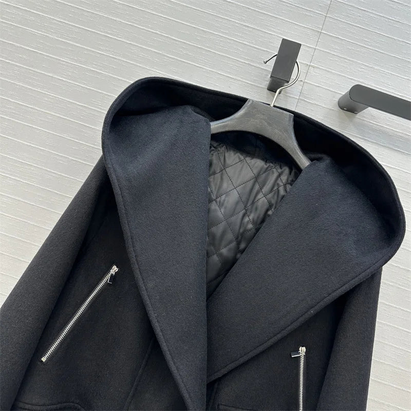 Women's jacket New autumn 2025 waist belt slim hood women's coats Wool blend woolen coat Woman winter coats quilted jacket woman