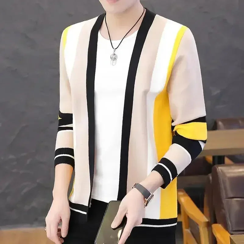 Sweaters for Men Blue Striped V Neck Man Clothes No Hoodie Cardigan Casual Cotton
