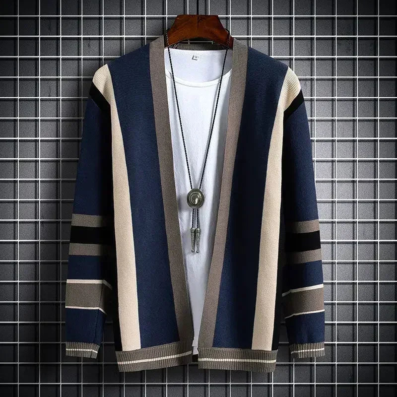 Sweaters for Men Blue Striped V Neck Man Clothes No Hoodie Cardigan Casual Cotton