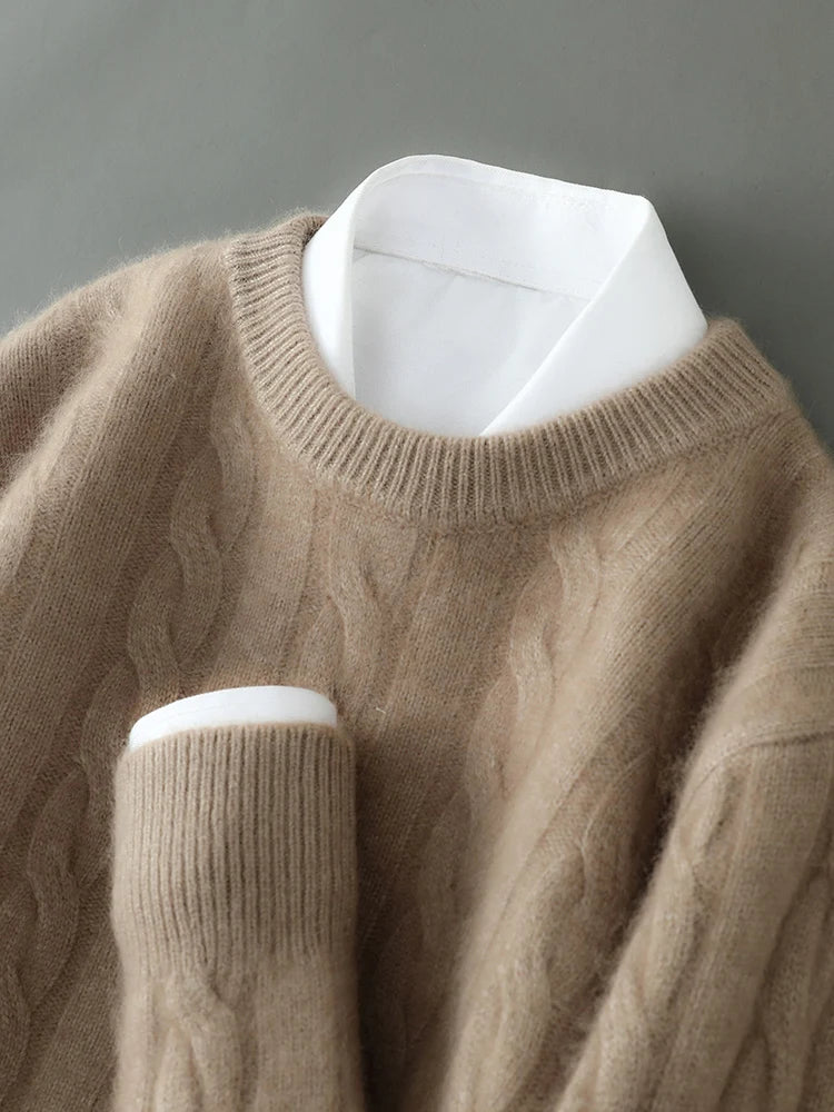 Autumn Winter 100% Mink Cashmere Cable Knit Smart Casual Pullover Cashmere Knitwear High Quality Top