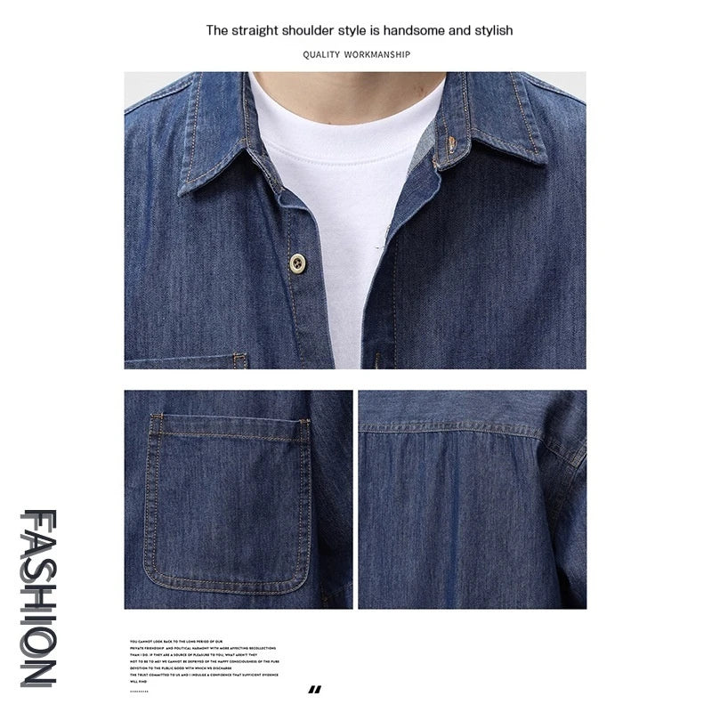 Designer Pocket Denim Shirt Men's Short Sleeve Summer Casual Shirt Jacket Oversized
