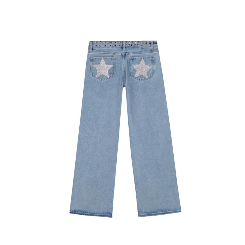 High Street Rivet Y2k Woman Long Jeans Denim Star Patchwork Low Waist Straight Pants 2025 New Fashion Casual Women's Trousers