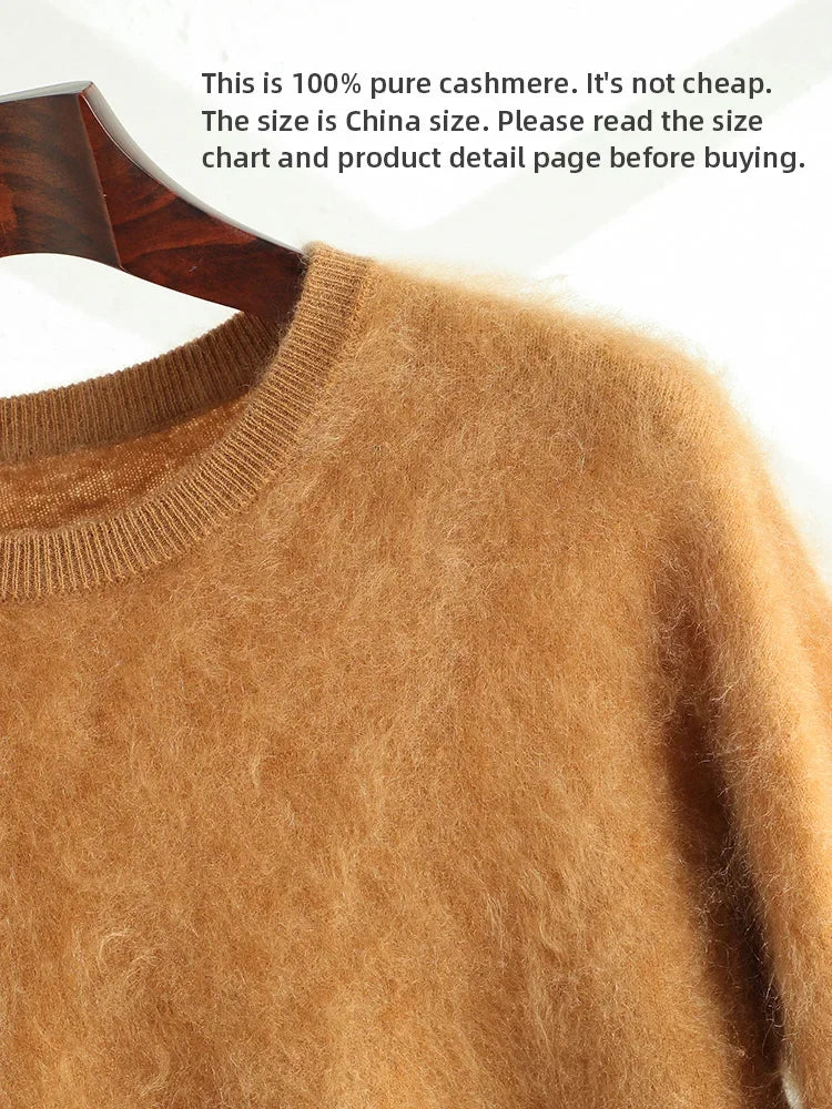 Men's 100% Plush Cashmere Sweaters O-neck Basic Pullovers Long Fluff Pure Brushing Cashmere Jumpers 2024 New Autumn Winter