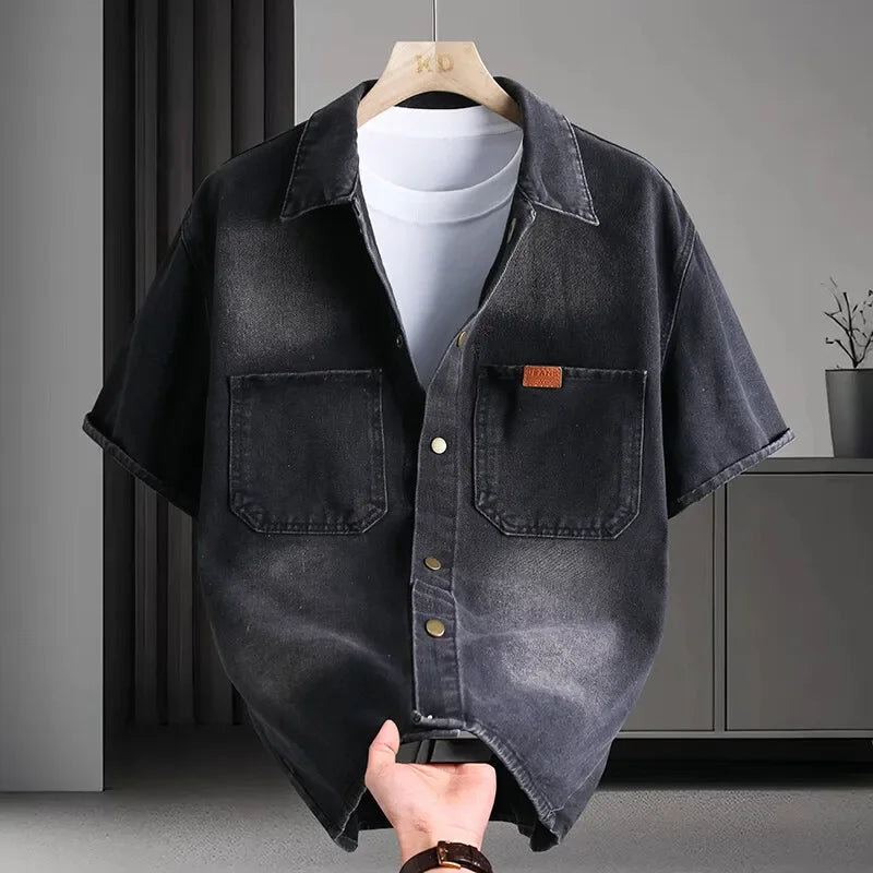 Trendy Men's Solid Denim Shirt Soft & Breathable Collar Multi-Pocket Short-Sleeve Casual Shirt Comfortable Men's Versatile Top