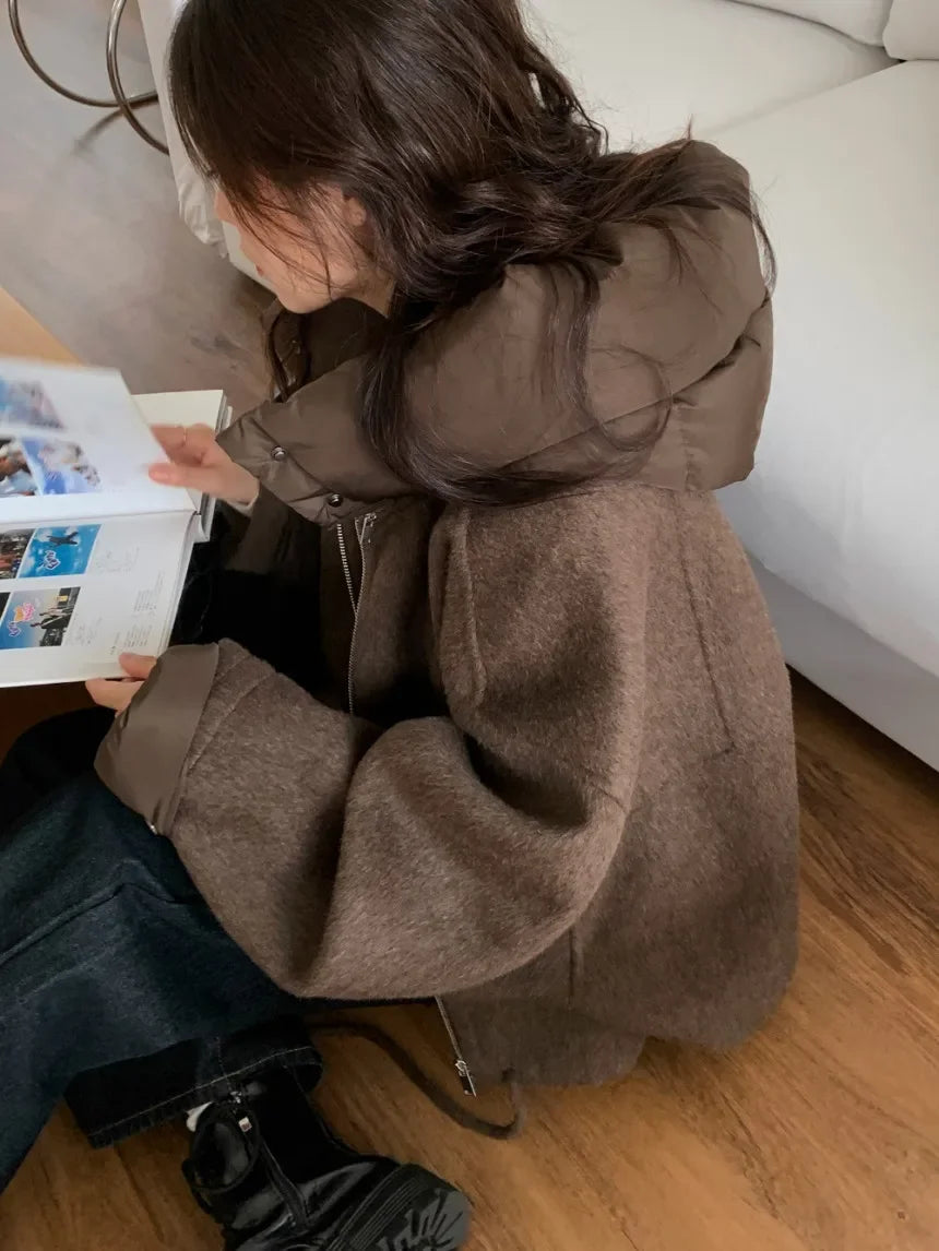 Chic Autumn and Winter Niche Design Spliced Hooded Detachable Lace-up Warm Short Woolen Coat for Girls Loose Fit Women Jacket