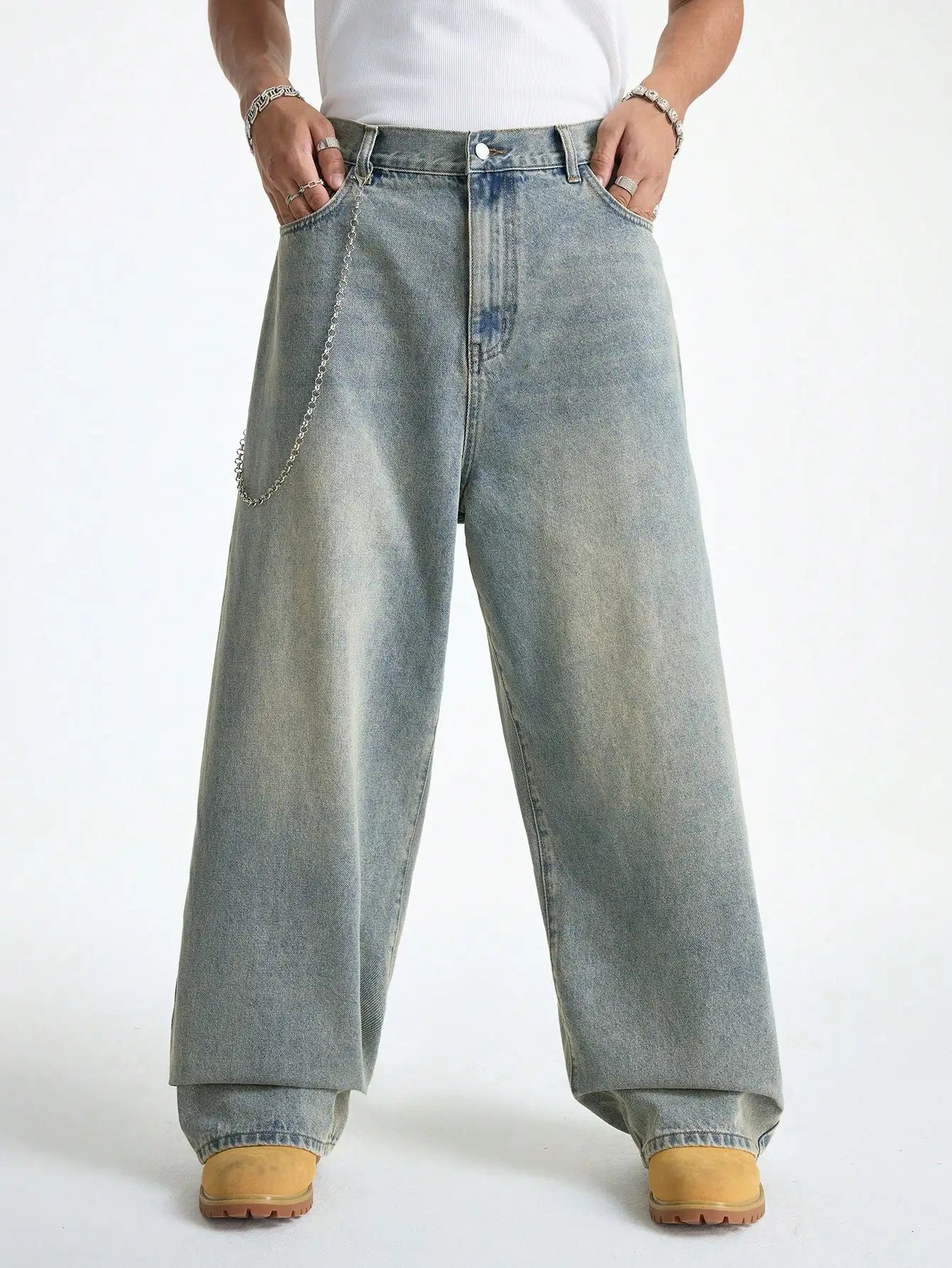 Manfinity EMRG Men's Light Blue Washed Retro Loose Wide Leg Jeans