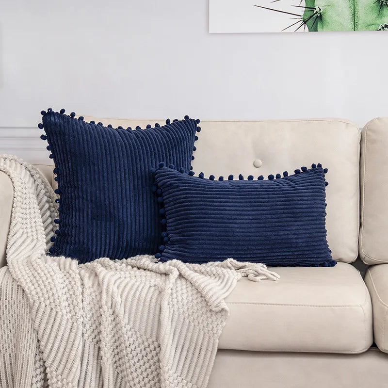 Corduroy Striped Cushion Cover with Pom Pom Solid Boho Throw Pillow Case Decorative Pillows for Sofa Bed Beige Lumbar Cushion