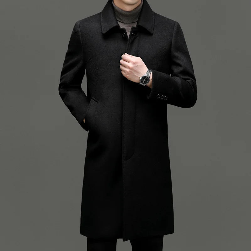 High Quality Wool Coat Men Solid Turn Down Collar Mens Long Coats Smart Casual Jackets Man Overcoats Wool Blends Trench Coat Men