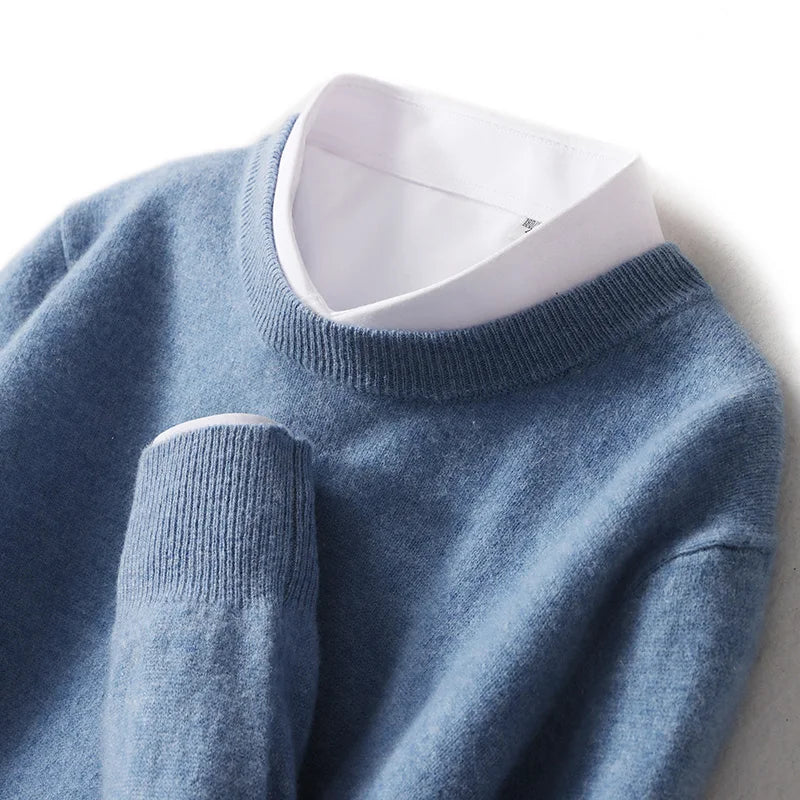 Autumn And Winter New 100% Wool Sweater Men's Round Neck Long Sleeved Pullover Sweater Loose Knit Cashmere Sweater