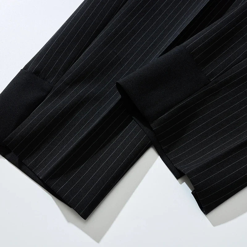 Black Men's Striped Casual Pant, Fashion Slim Calf Length Pants