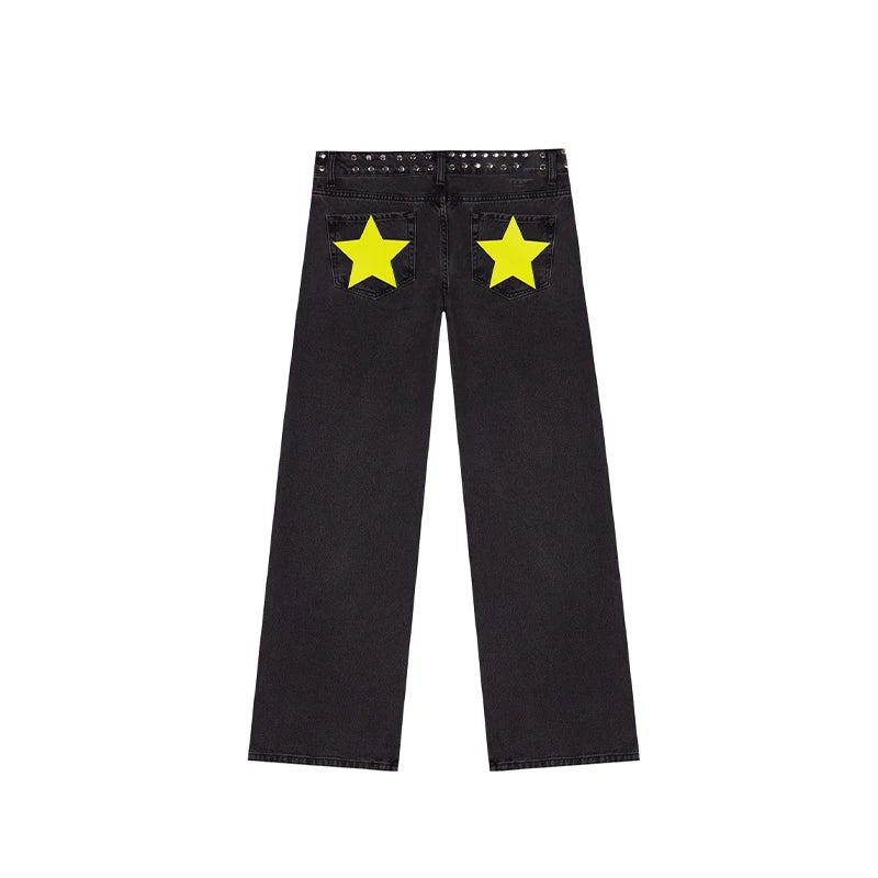 High Street Rivet Y2k Woman Long Jeans Denim Star Patchwork Low Waist Straight Pants 2025 New Fashion Casual Women's Trousers