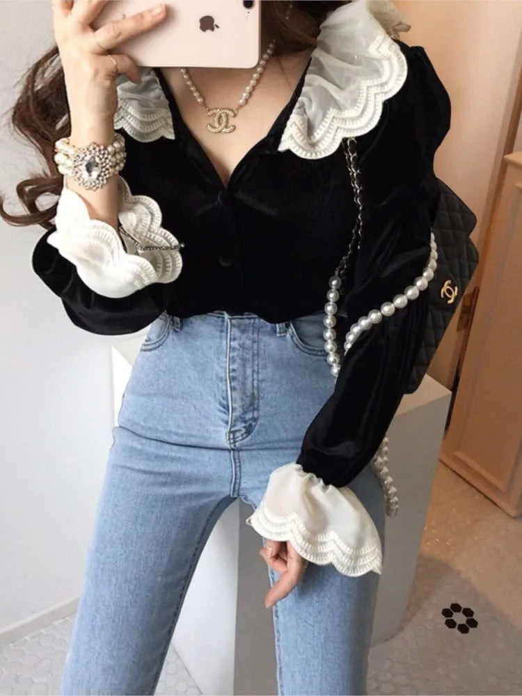 Autumn Velvet Shirts Tops Women Lace Patchwork Fashion Ruffle Long Sleeve Ladies Blouses Vintage Woman Shirt