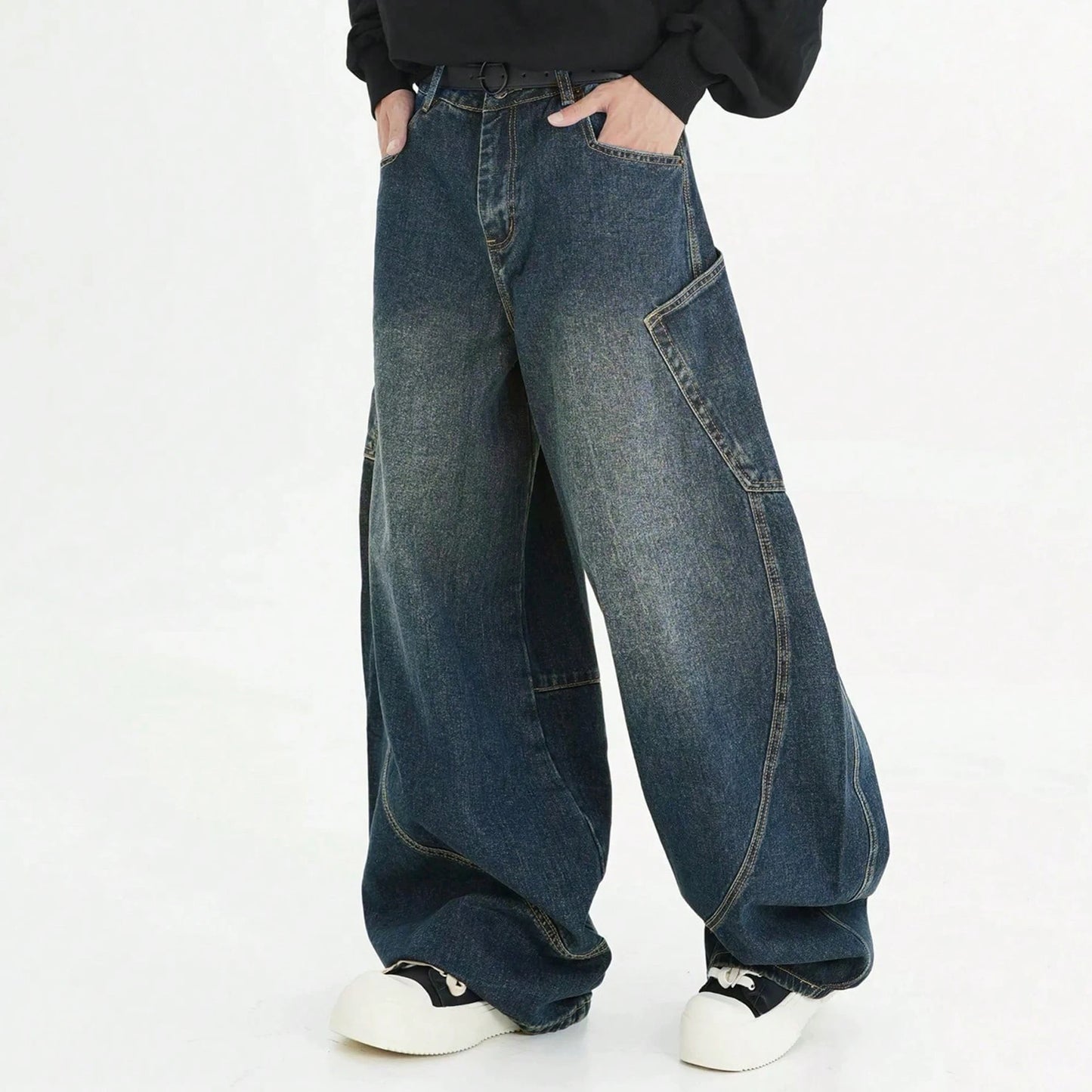 Men's Wear American Washed Denim Pants Vintage Threedimensional Large Pockets Cut Curved Knife Jeans Loose Fit Summer New Trend