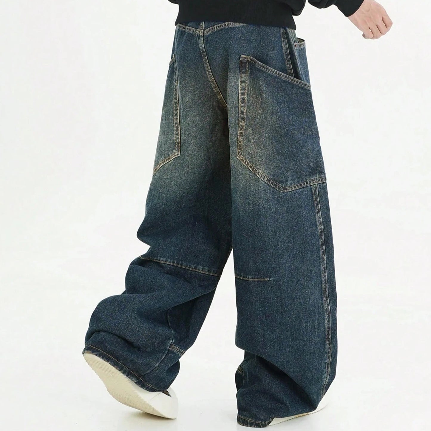 Men's Wear American Washed Denim Pants Vintage Threedimensional Large Pockets Cut Curved Knife Jeans Loose Fit Summer New Trend