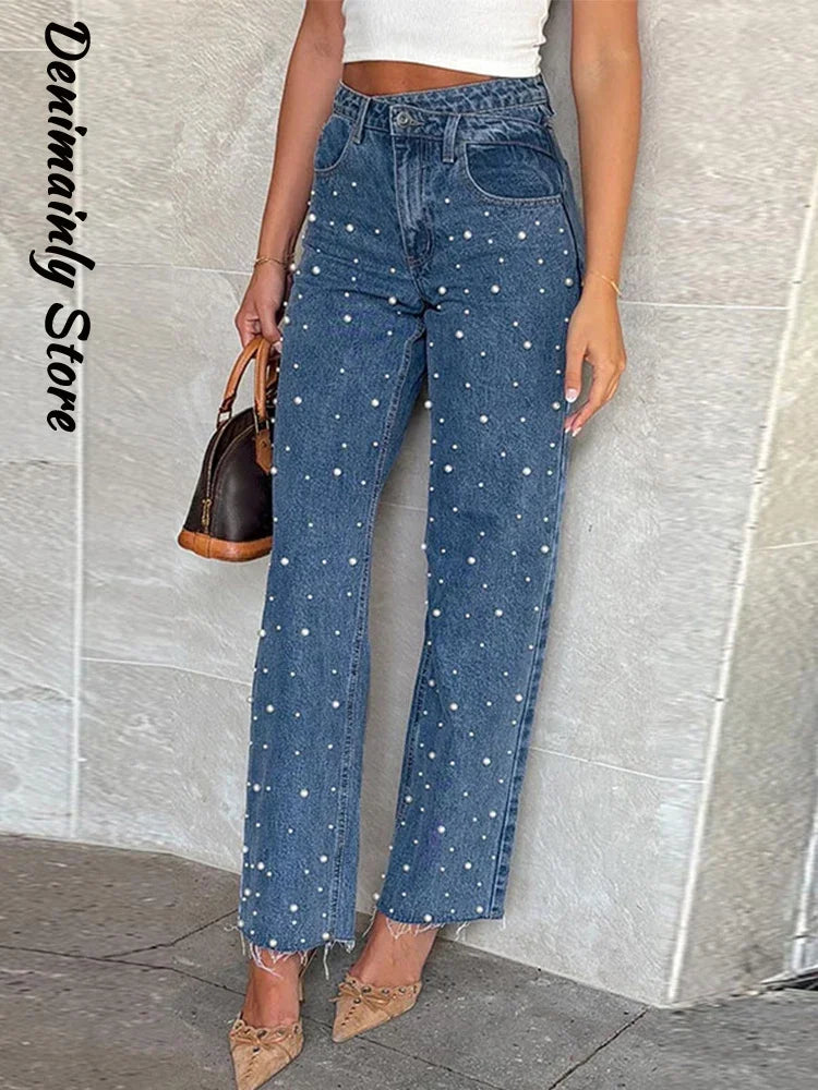 Fashion Full Pearl High Street Woman Jeans Crossed Waist Denim All Match Straight Trousers New Rough Selvedge Sweet Girls Pants