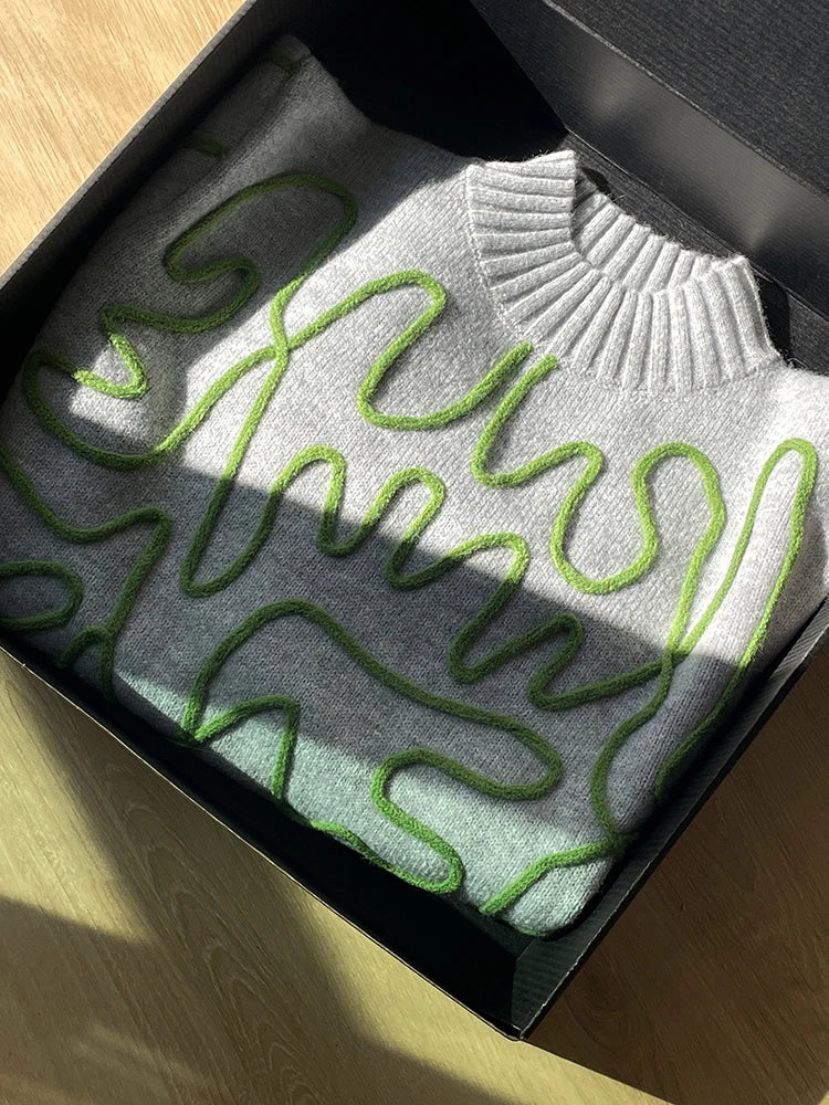 Women Wool-blend Casual Pullover Sweater Abstract 3D Embroidery Ribbed Hem Long Sleeves Jumper Trendy Knitwear 2025 Fall/Winter