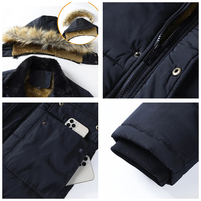 Men 2025 Winter New Windproof Fleece Warm Thick Jacket Parkas Coat Men Fashion Hooded Fur Collar Jacket Classic Casual Parka Men