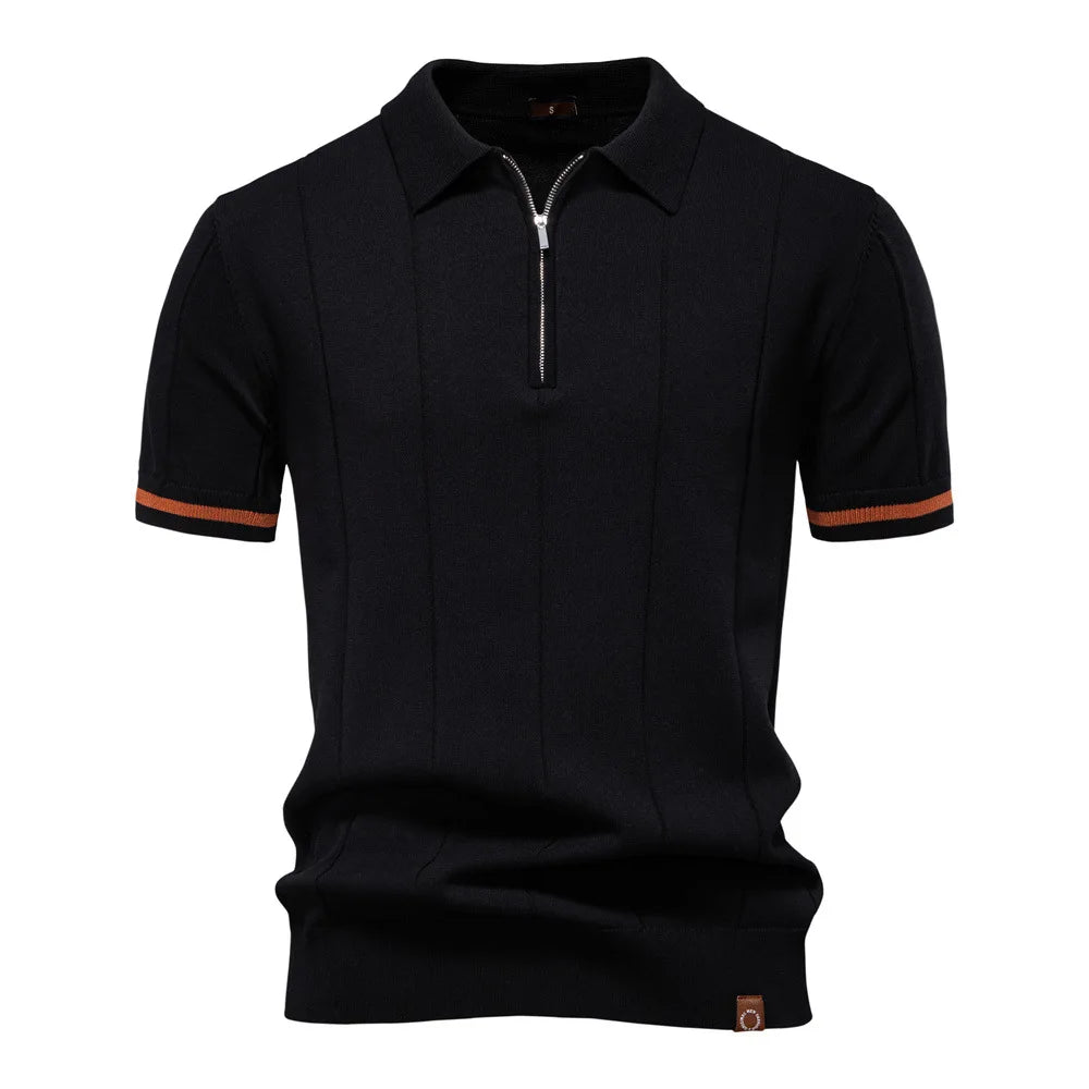 New men's business casual short-sleeved fashion trend knitted POLO shirt with lapel and half-zip pullover design.