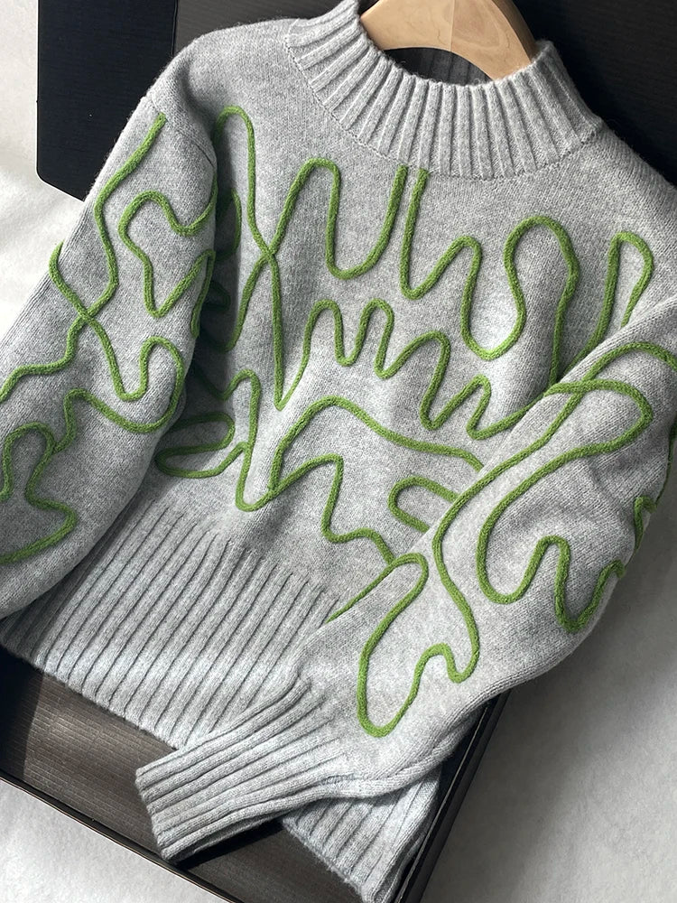 Women Wool-blend Casual Pullover Sweater Abstract 3D Embroidery Ribbed Hem Long Sleeves Jumper Trendy Knitwear 2025 Fall/Winter