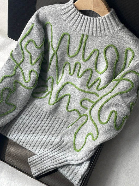 Women Wool-blend Casual Pullover Sweater Abstract 3D Embroidery Ribbed Hem Long Sleeves Jumper Trendy Knitwear 2025 Fall/Winter