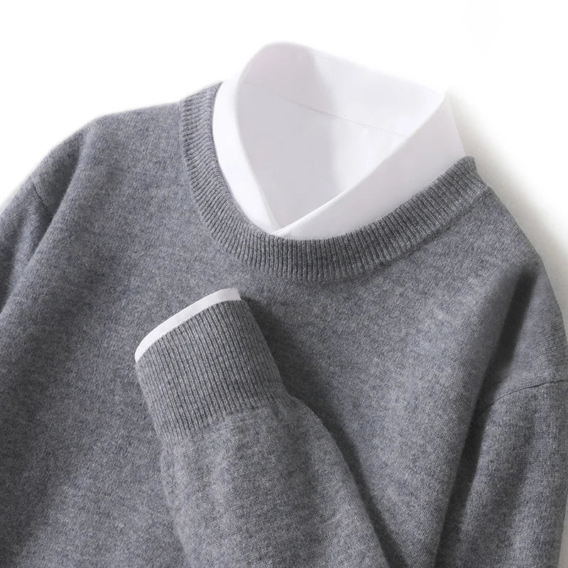 Autumn And Winter New 100% Wool Sweater Men's Round Neck Long Sleeved Pullover Sweater Loose Knit Cashmere Sweater