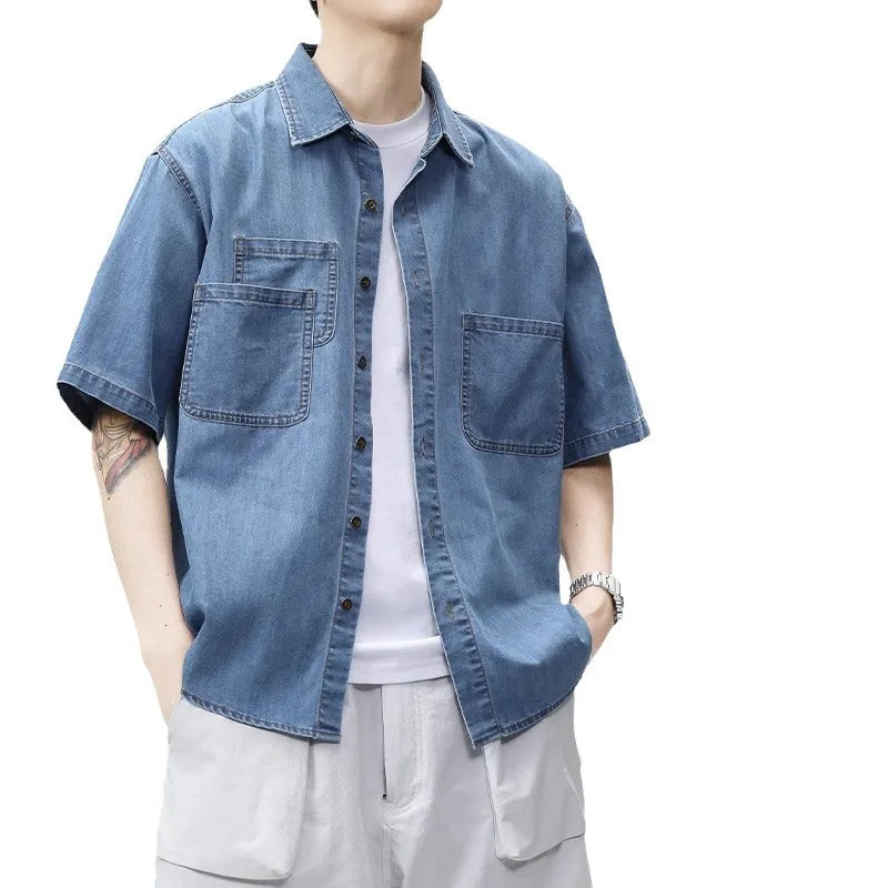 Designer Pocket Denim Shirt Men's Short Sleeve Summer Casual Shirt Jacket Oversized