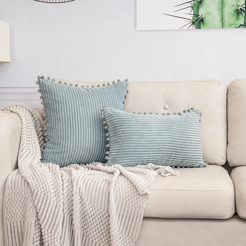 Corduroy Striped Cushion Cover with Pom Pom Solid Boho Throw Pillow Case Decorative Pillows for Sofa Bed Beige Lumbar Cushion