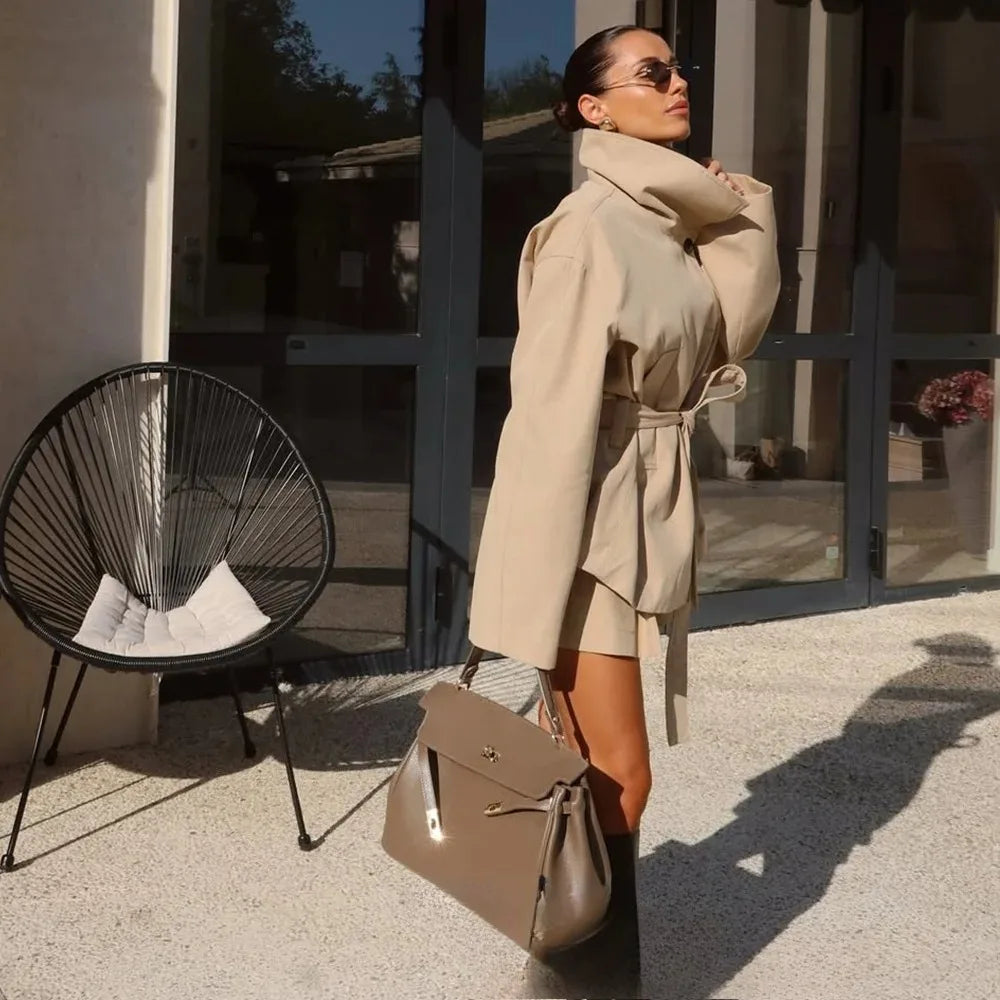 KONDALA Office Lady Khaki Suits Women Long Sleeve Sashes Button Trench Jakcets Wide Leg Button Shorts Fashion 2025 Autumn Suits