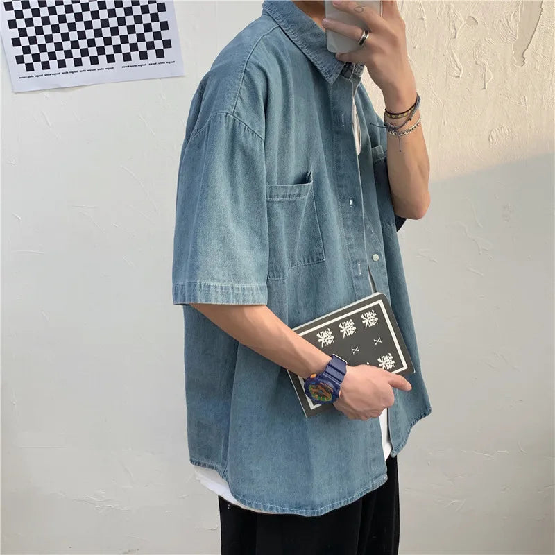 New 5-point Short Sleeved Denim Men's Shirt