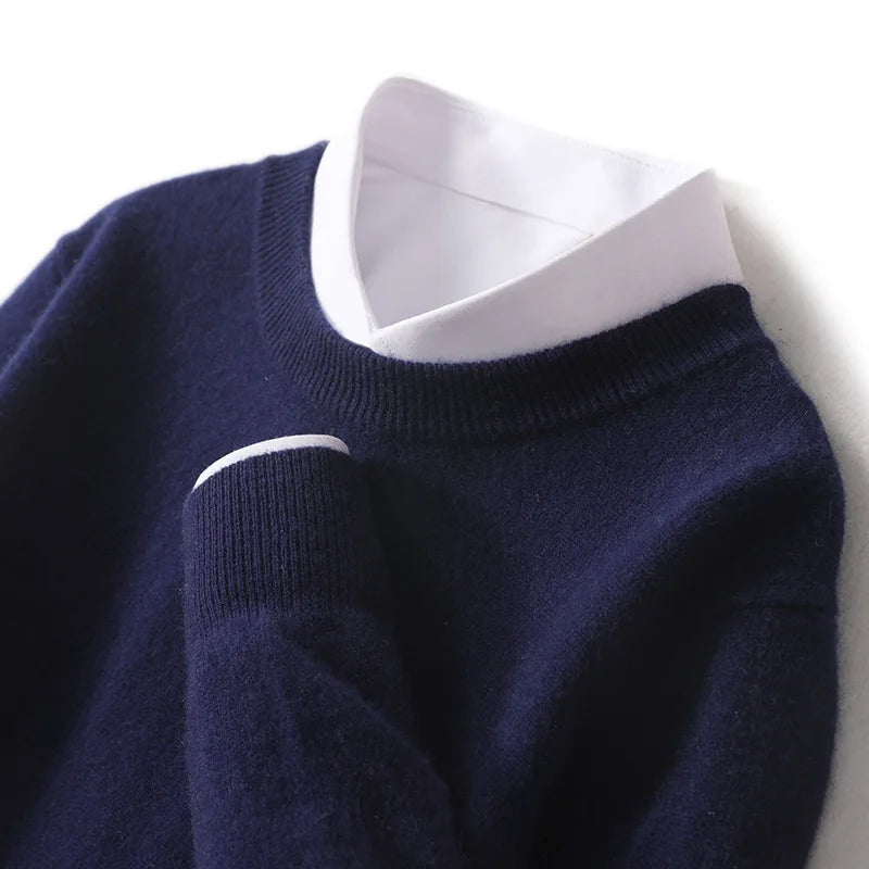 Autumn And Winter New 100% Wool Sweater Men's Round Neck Long Sleeved Pullover Sweater Loose Knit Cashmere Sweater