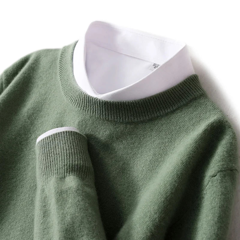 Autumn And Winter New 100% Wool Sweater Men's Round Neck Long Sleeved Pullover Sweater Loose Knit Cashmere Sweater